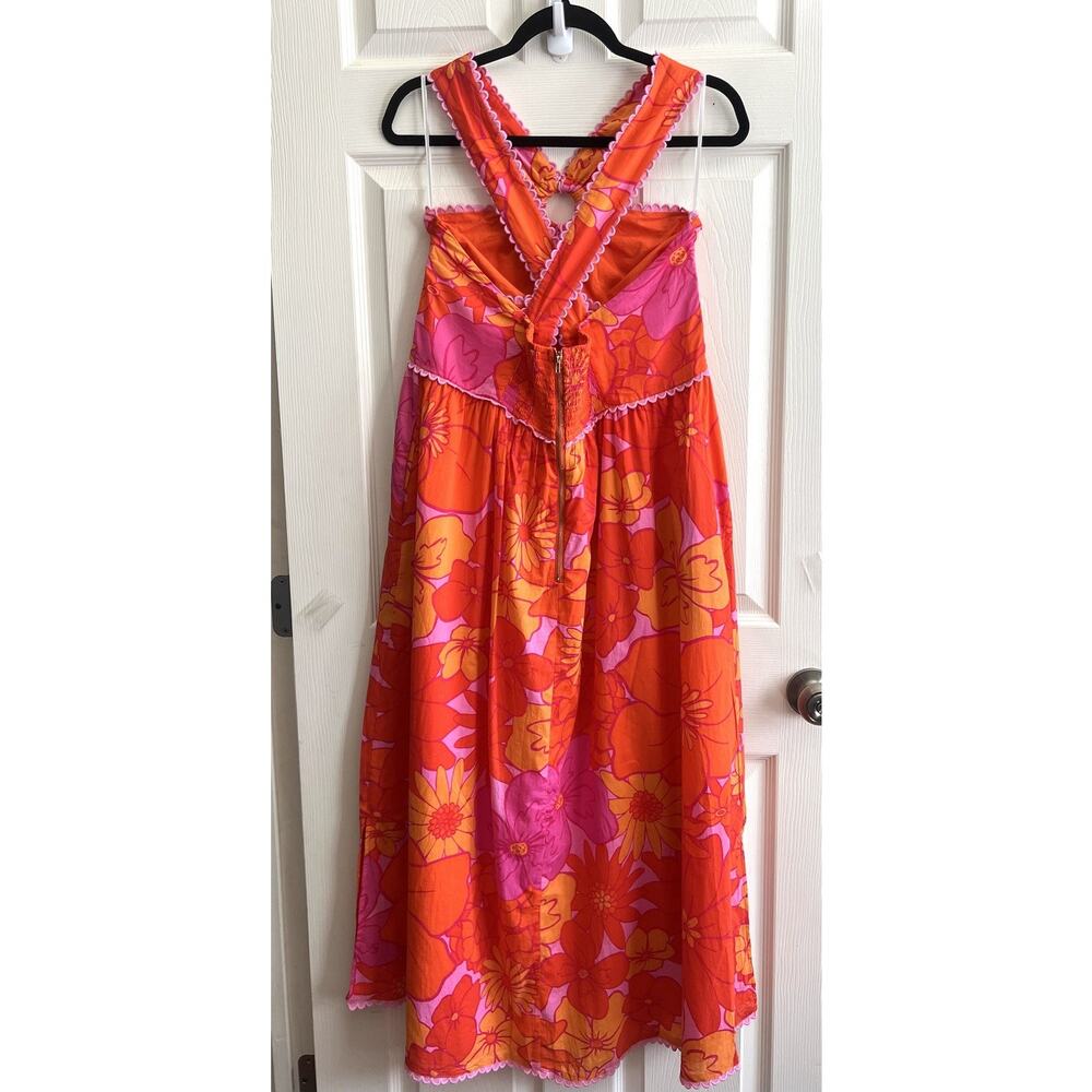J. MARIE Lizzie Tropical Orange Pink Floral Ric Rac Cross Halter Midi Dress XL - Picture 6 of 15